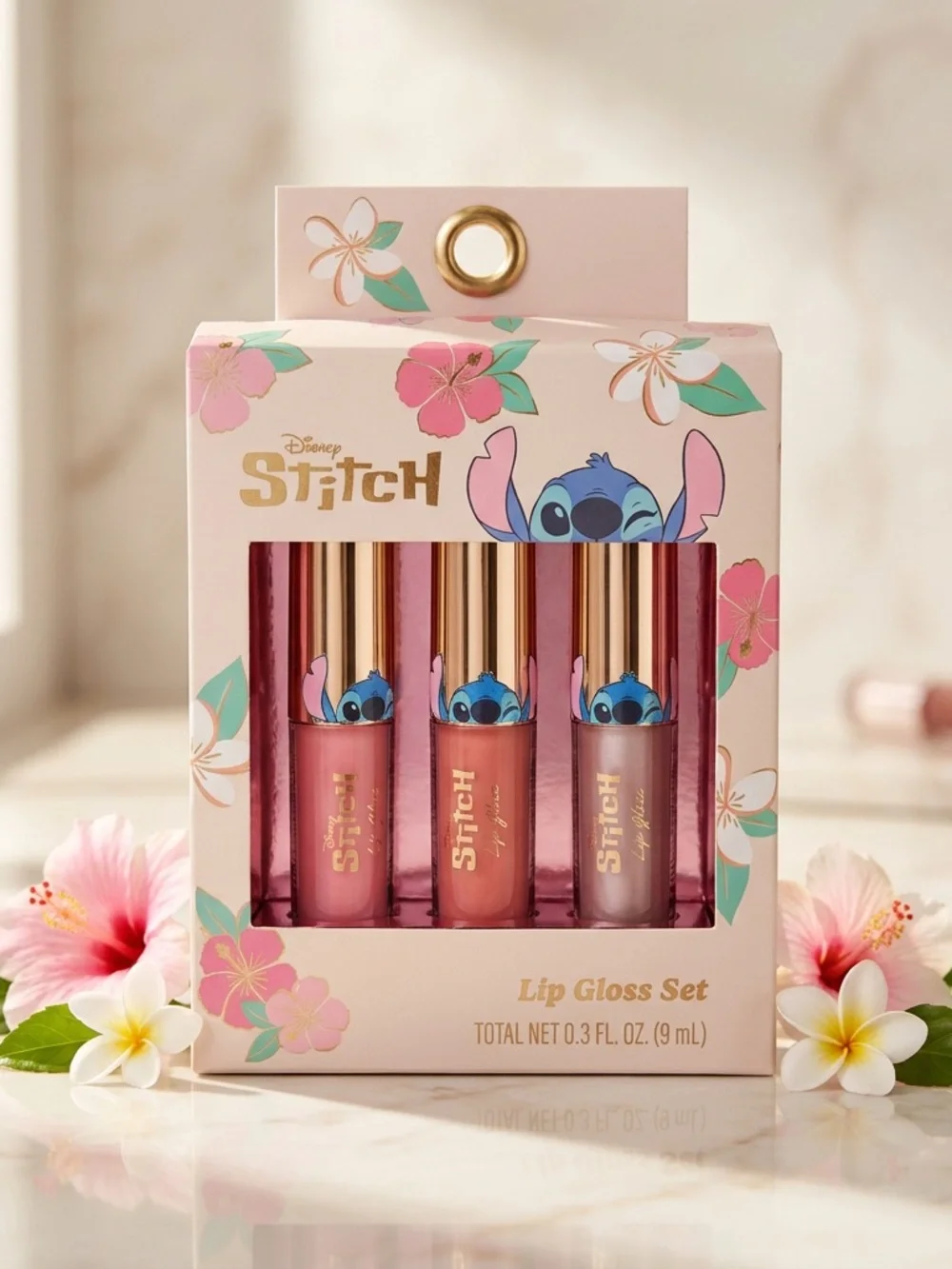 Disney Stitch 3-Piece Lip Gloss Set Pink Floral Gift Box NWT